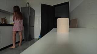 Real cheating wife and husbands friend fuck in the kitchen home alone