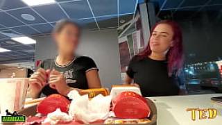 Two naughty girls making out with their breasts out while eating at mcdonalds official tattooed angel