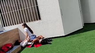 Young schoolboys have sex on the school terrace and are caught on a security camera