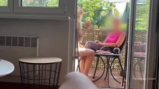 My husband is jerking off and cum in front of my stepmom a while we talk on balcony